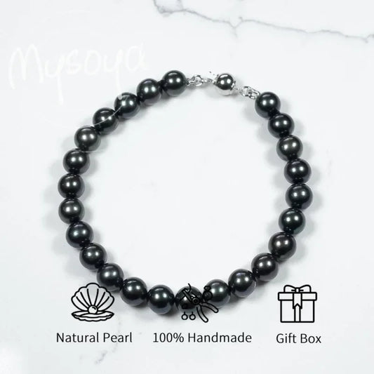 MYSOYA Black Freshwater Pearl Bracelet 8-9mm With Gift Box For Her/Him Birthday/Wedding/Christmas/New Year/Valentine's Day Gift