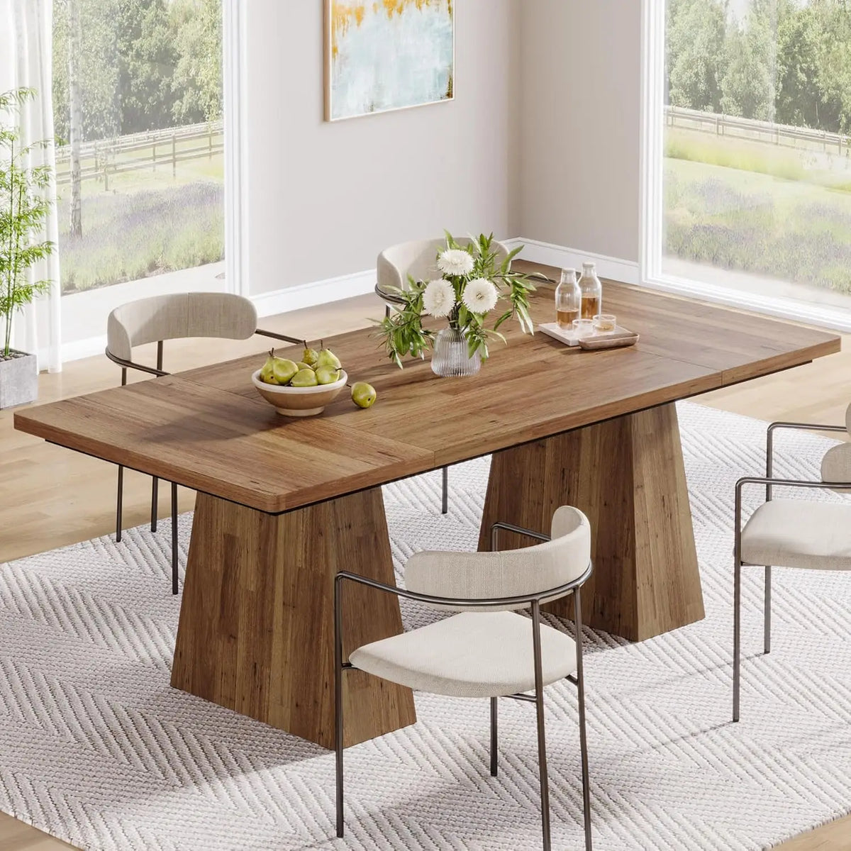 LITTLE TREE Dining Table for 6,Farmhouse Wood Dinner Rectangular Table with Double Pedestal, 63" L x 31.5" W x 30" H