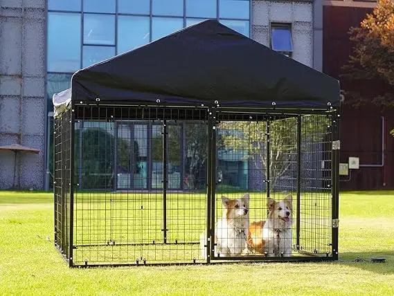 Sturdy Outdoor Dog Enclosure with Roof and Double Locks - Galvanized Steel Kennel Fence (79W x 79D)