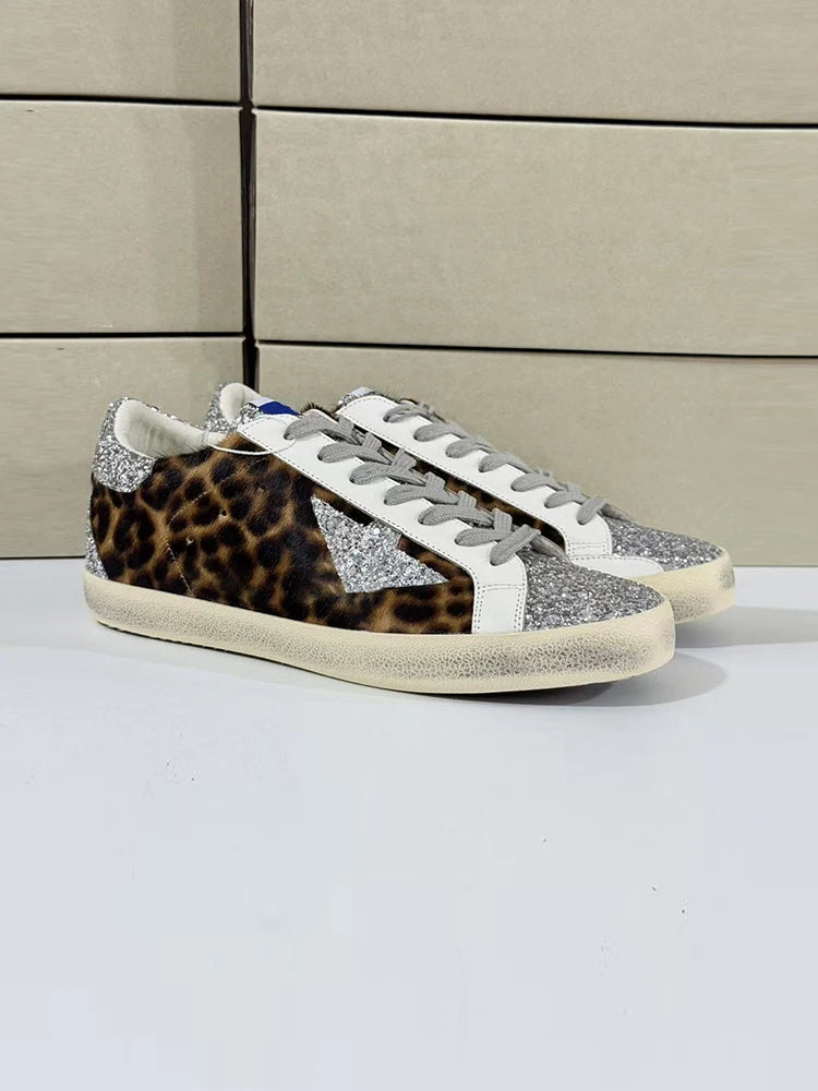 Spring Summer Fashion Party Casual Low-top Shiny Shoelaces Shoes Women's Sequins Round Toe Patchwork Flat Bottom Sports Shoes