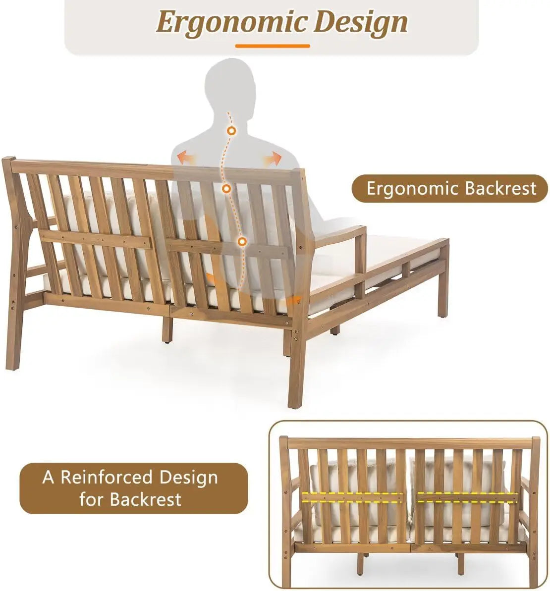 Outdoor Daybed Patio Daybed with Four Pillows Wooden Outdoor Bed with Curved Armrests for Poolside Backyard Garden (Gray+Beige C