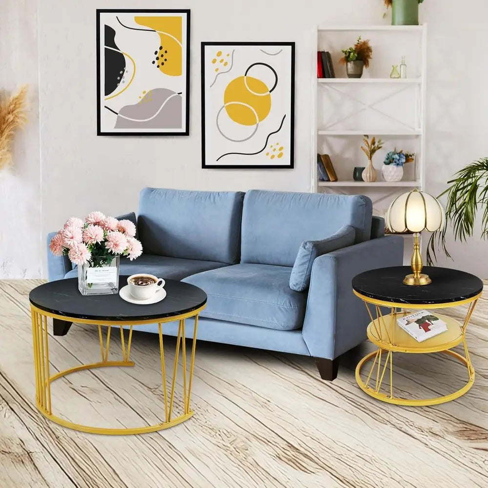 Modern Stackable Black Gold Marble Coffee Table Duo for Small Living Spaces