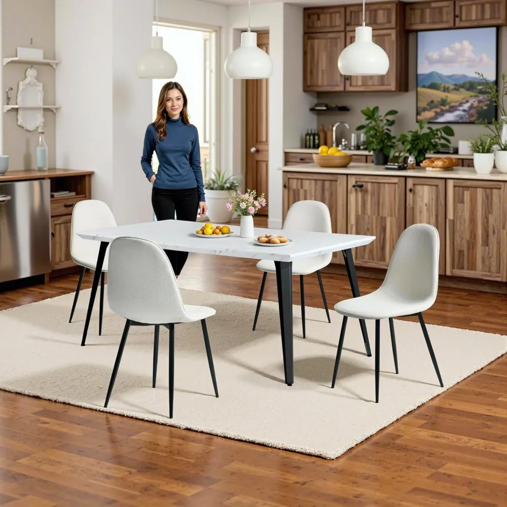 Mid-Century Modern 5-Piece Dining Set - Rectangular Table with 4 Fabric Chairs, Metal Frame, Durable PE Material for Stylish Din