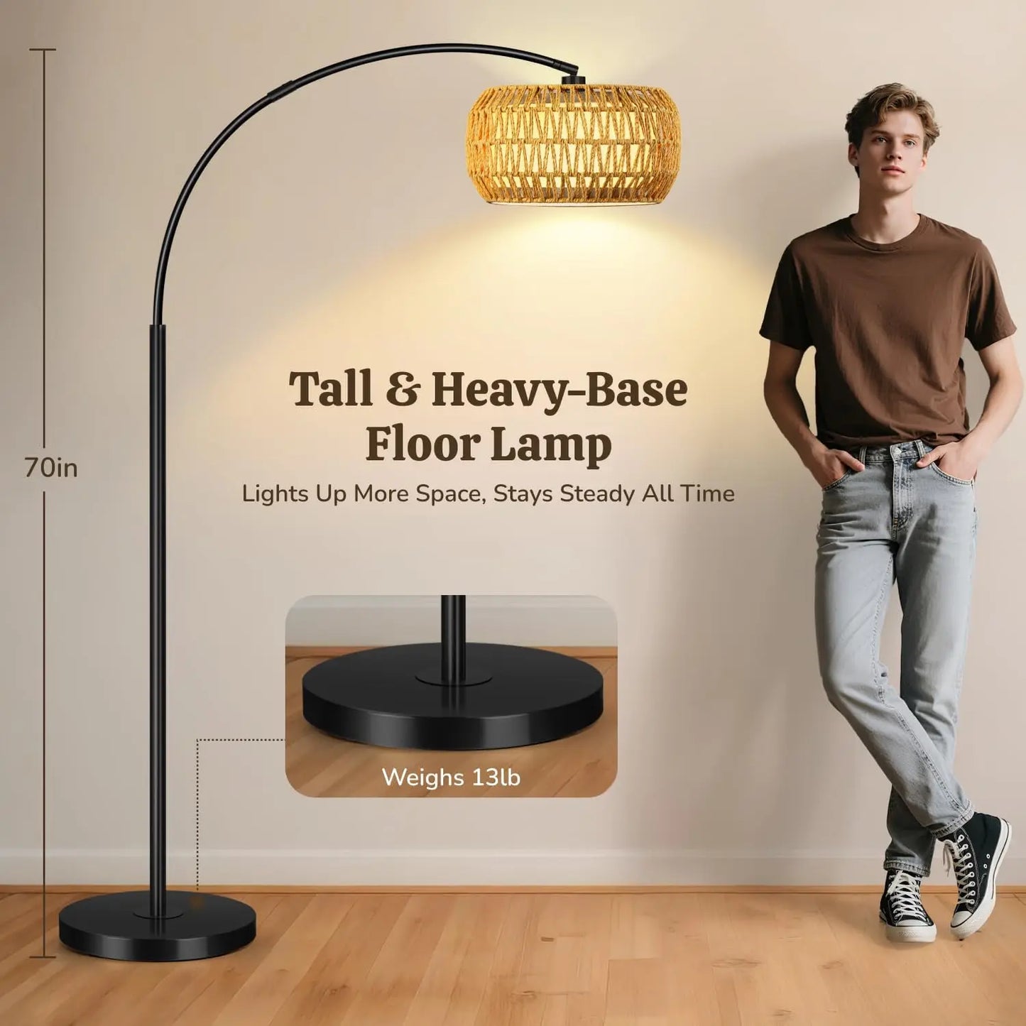 Arc Floor Lamp, Rattan Boho Standing Lamp with Remote, 3-Temperature Dimmable LED, Black Floor Light for Living Room, Bedroom, C