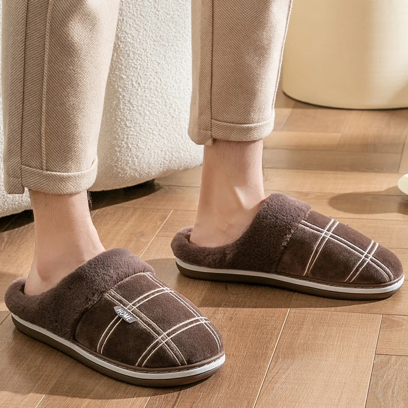 Large size 50-51 Plaid House Slippers for Man Memory Foam Winter Plush Indoor Male Shoes Warm Home Slippers 2024 Non Slip Black