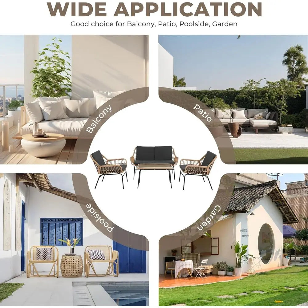 Weather-Resistant 4-Piece Rattan Patio Set with Cushions and Coffee Table for Outdoor Conversations