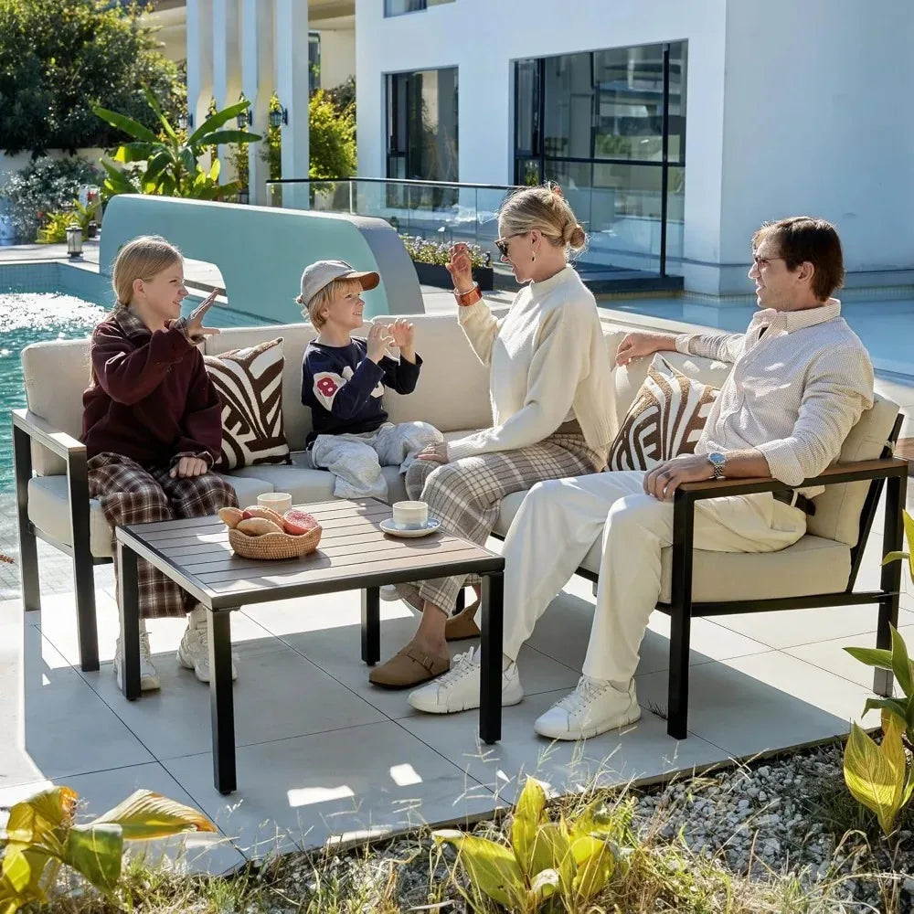 6 Pieces Outdoor Patio Furniture Set with Thick Olefin Cushions Ergonomic Design Highback Fauxwood Armrest And Tabletop