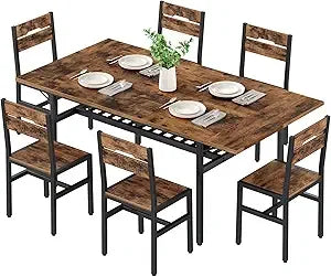 7-Piece Dining Table Set for 4-6, 63 Extendable Kitchen Table and 6 Chairs, Rectangle Dining Room Table Set for 6 with Wine Rack