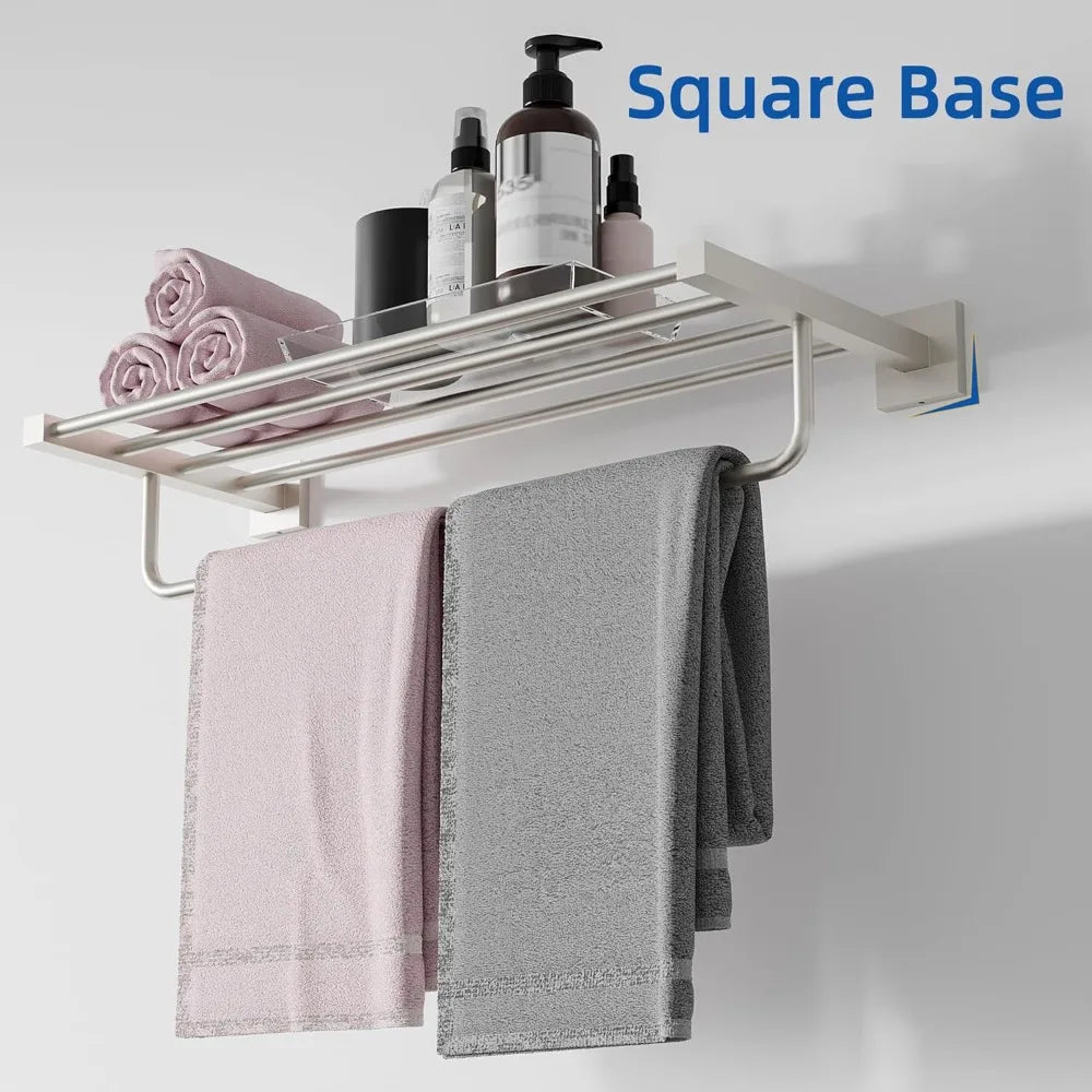 24 Inch Stainless Steel Square Base Towel Rack with Towel Bar, Wall Mounted Bathroom Shelf for Modern Home Decor