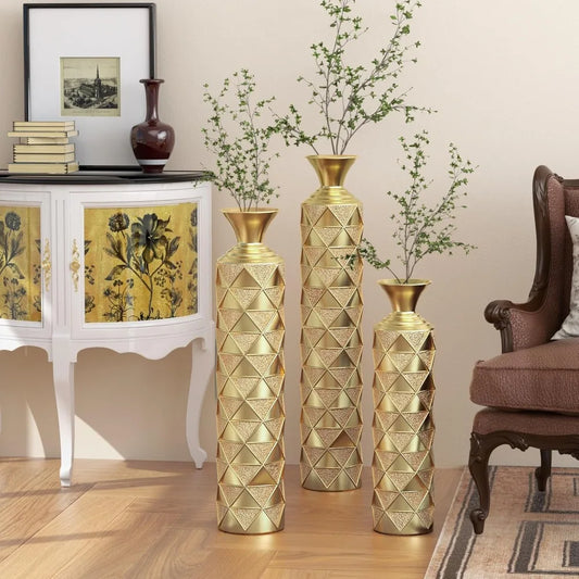 Large Vintage-Style Modern Floor Vase Set with Oversized Metal Triangle Design for Living Room Gold Decorative Accents