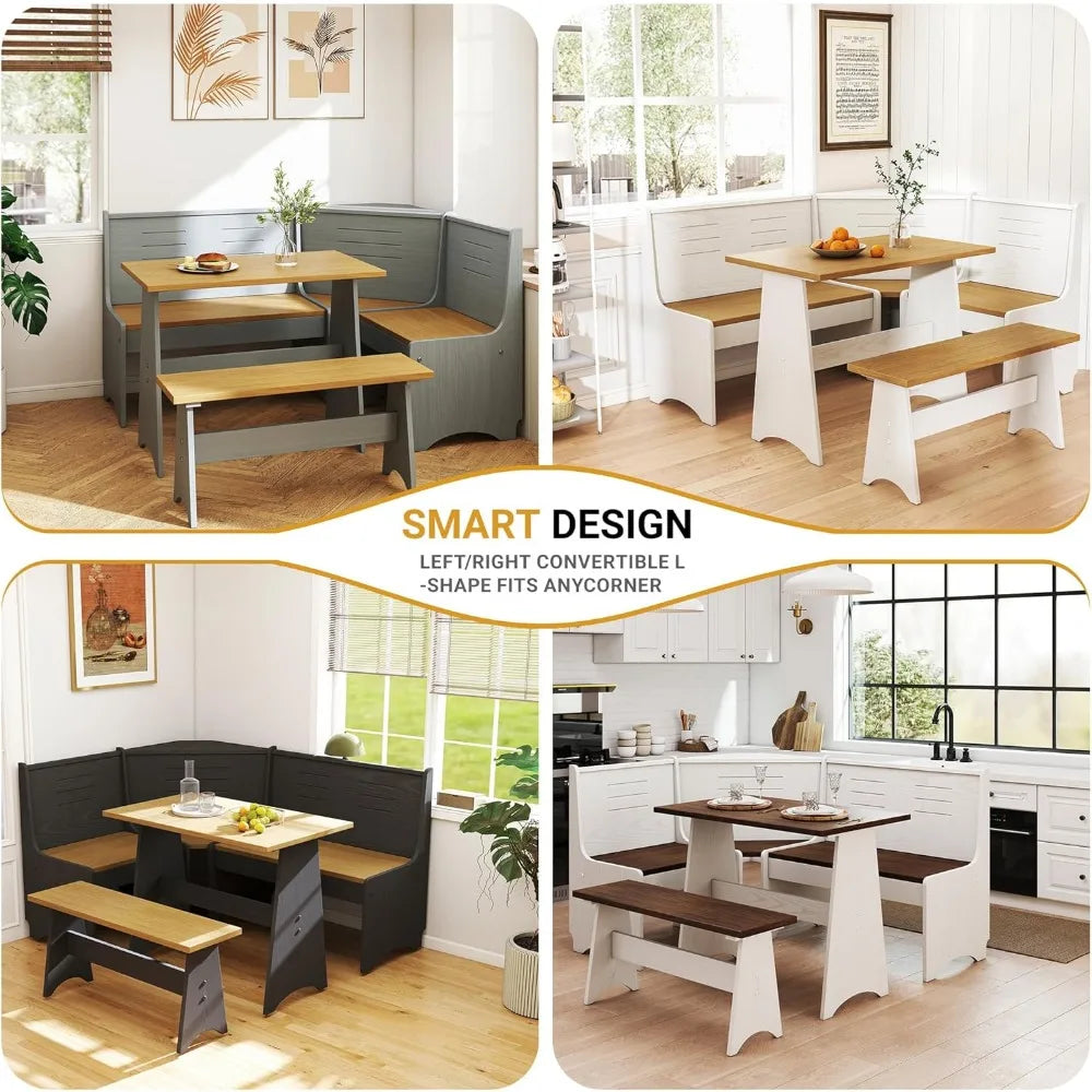 Space-Saving L-Shaped Breakfast Nook Set for 3-4 Seats with Hidden Storage - Corner Kitchen Dining Table and Bench Set in Farmho