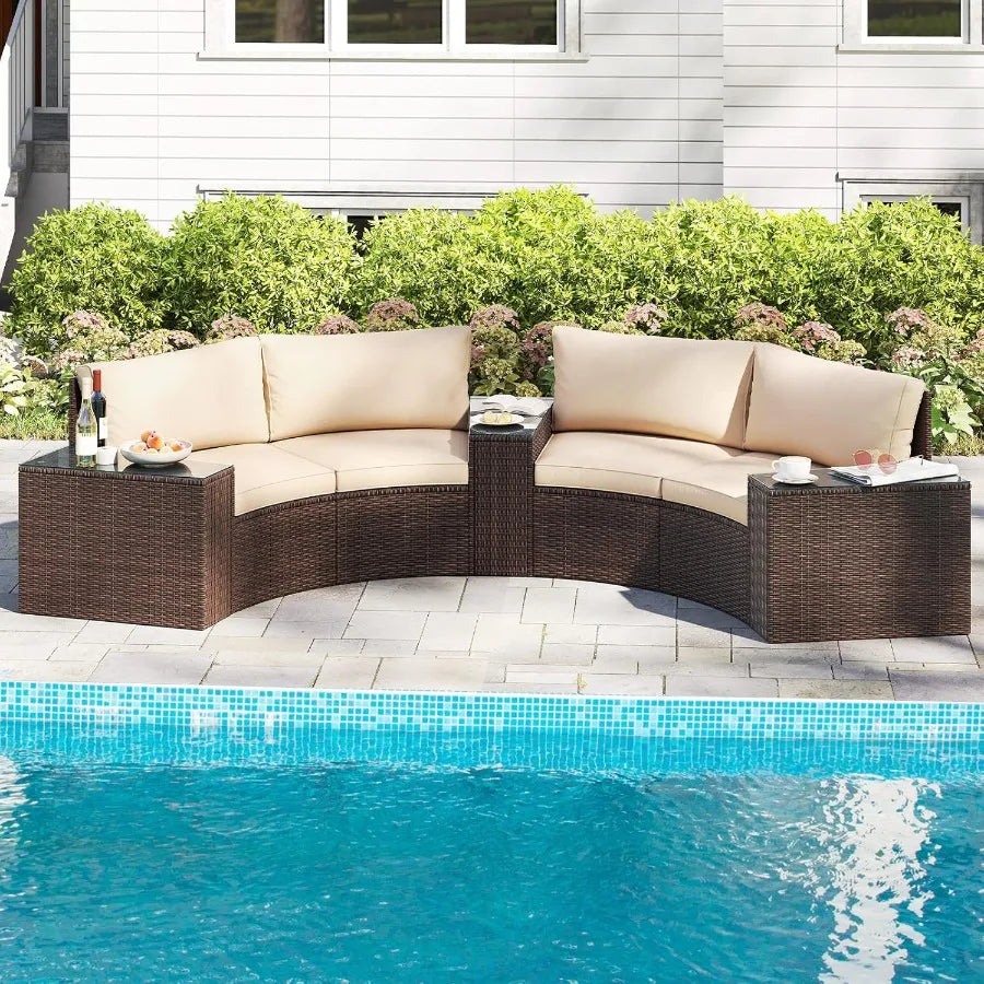 5 Pieces Patio Furniture Set with PE Rattan HalfMoon Curved Sectional Sofas and Tempered Glass Top Side Tables for Outdoor Conv