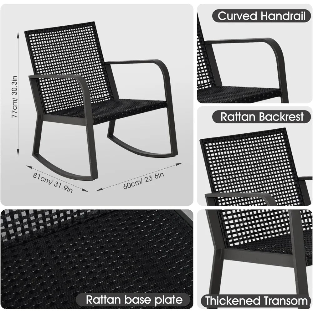 Bistro 3 Piece Patio Furniture Set, Patio Table and Rattan Outdoor Rocking Chairs Set of 2, Outdoor Bistro Conversation Set