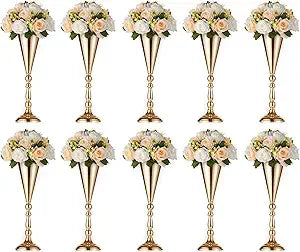 Elegant 16.5 Inch Silver Metal Flower Trumpet Vases for Wedding Table Centerpieces, Set of 10, Artificial Flower Arrangements