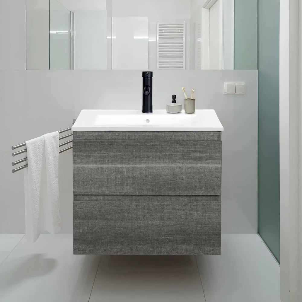 24" Wall Mounted Bathroom Vanity with Sink Grey Floating Vanity Two Drawers Bathroom Cabinet with White Ceramic Integrated Sink