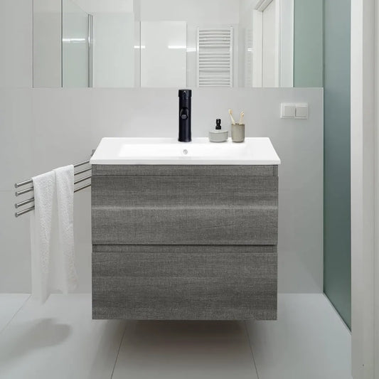 24" Wall Mounted Bathroom Vanity with Sink Grey Floating Vanity Two Drawers Bathroom Cabinet with White Ceramic Integrated Sink
