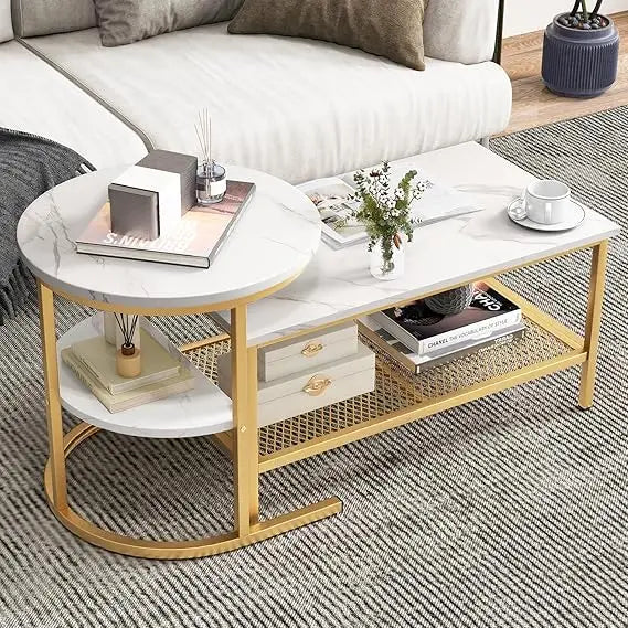 Nesting Coffee Table Set of 2, Detachable Rectangular Coffee Table & Small Round End Table Set, Faux Marble Pattern & Sturdy Me