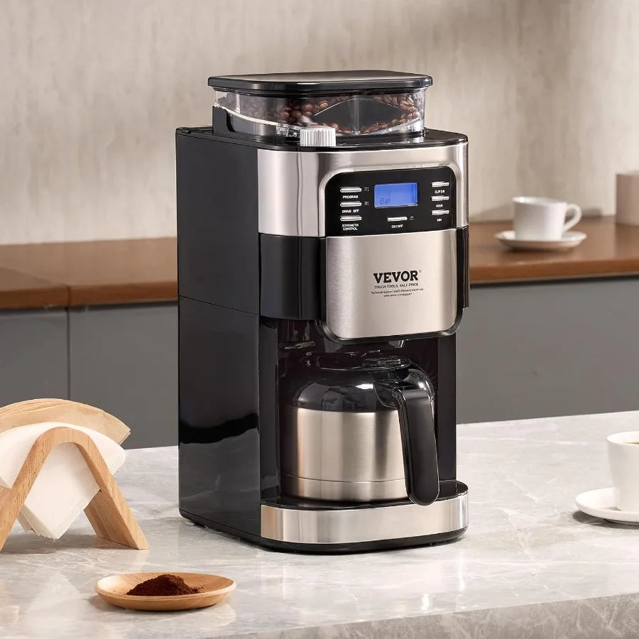 8Cup Coffee Maker with Builtin Grinder for Home Office and Restaurant Use Features 3 Brew Strength Settings 24Hour Programmable
