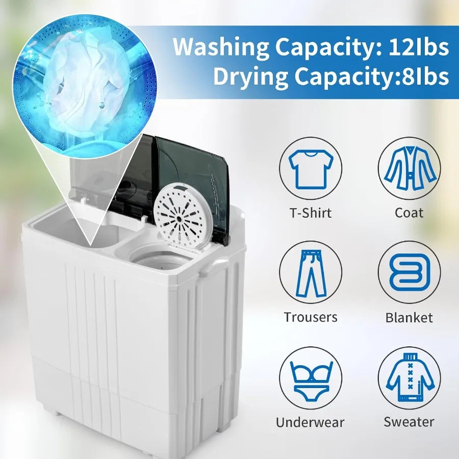 20LBS Portable Washing Machine Compact Mini Washer Machine Dryer Combo Built-in Gravity Drain Small Twin Tub Washer with Spin C