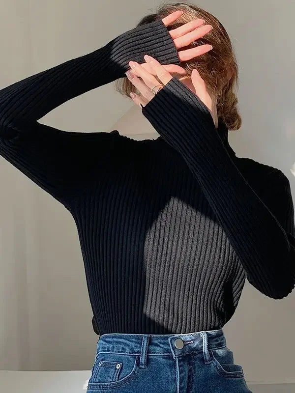 Autumn Winter Warm Thick Women Sweater Pullover Basic Korea Ribbed Sweaters Cotton Tops Knitted Solid Turtleneck with Thumb Hole