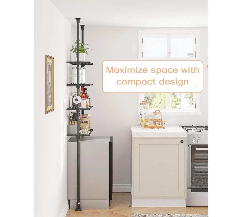 Adjustable Over Toilet Storage Shelf, 4-Tier Bathroom Organizer with Tension Mount, Fits 64-113 Inch Heights, Black