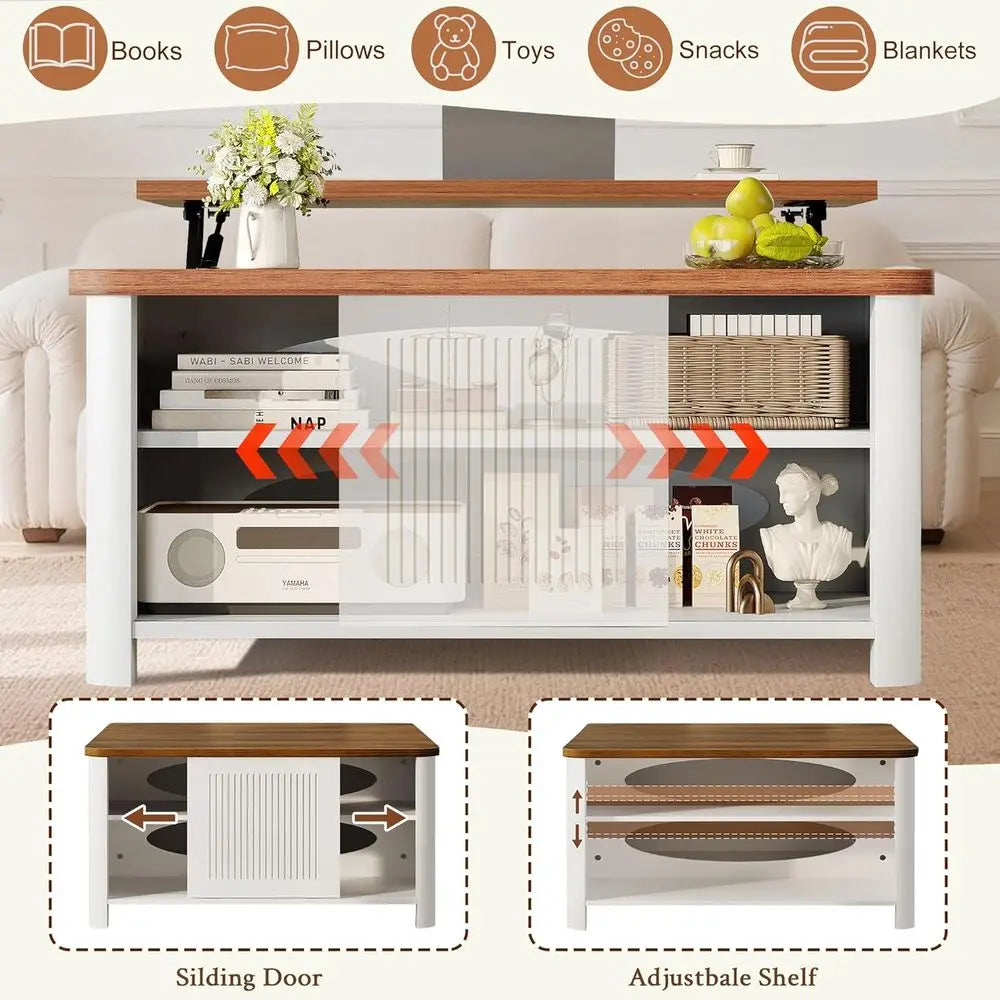 Mid-Century Modern Lift-Top Coffee Table with Storage, 31.5 Square, White, for Living Room with Hidden Compartment & Adjustable