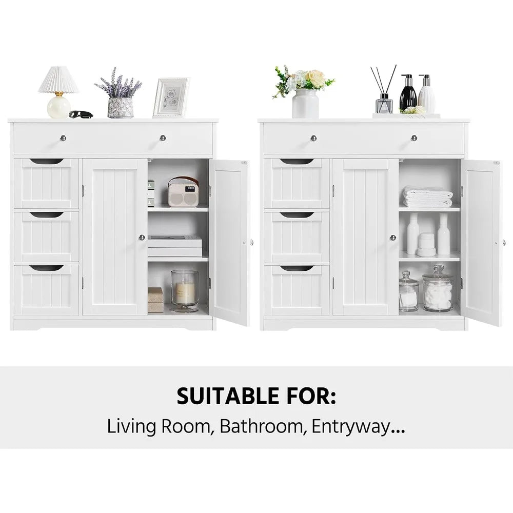 large wooden bathroom floor cabinet with ample storage: featuring 1 large drawer, 3 small drawers, and 2 doors for organization