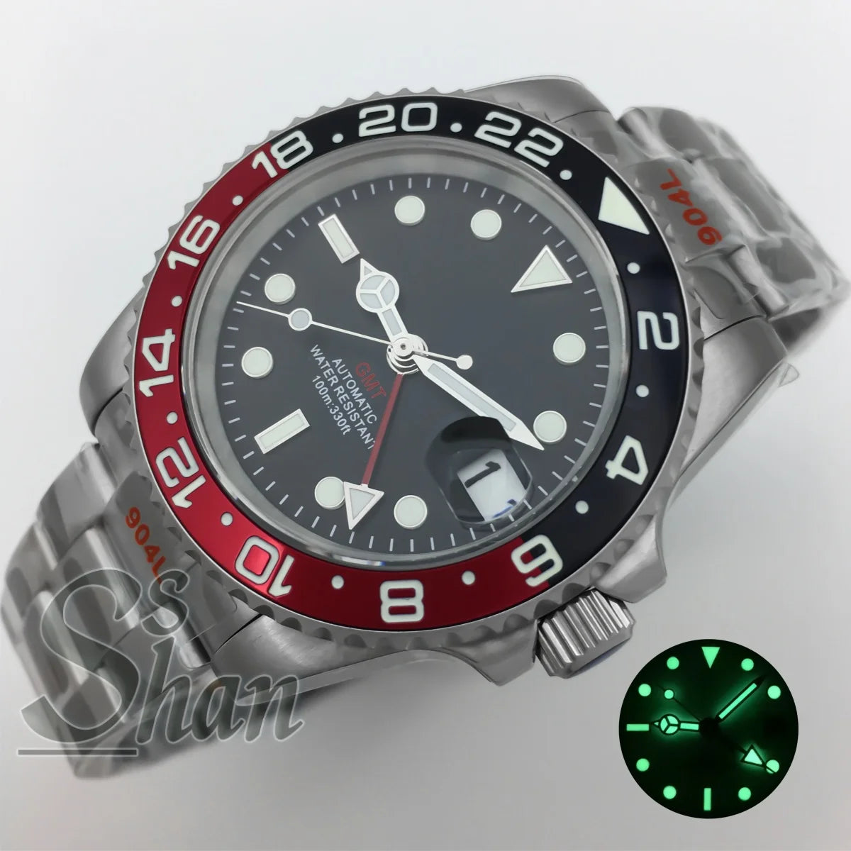 Customized logo luxury 40mm NH34 GMT mechanical watch ceramic bezel sapphire glass green luminous dial water-resistant to 10ATM