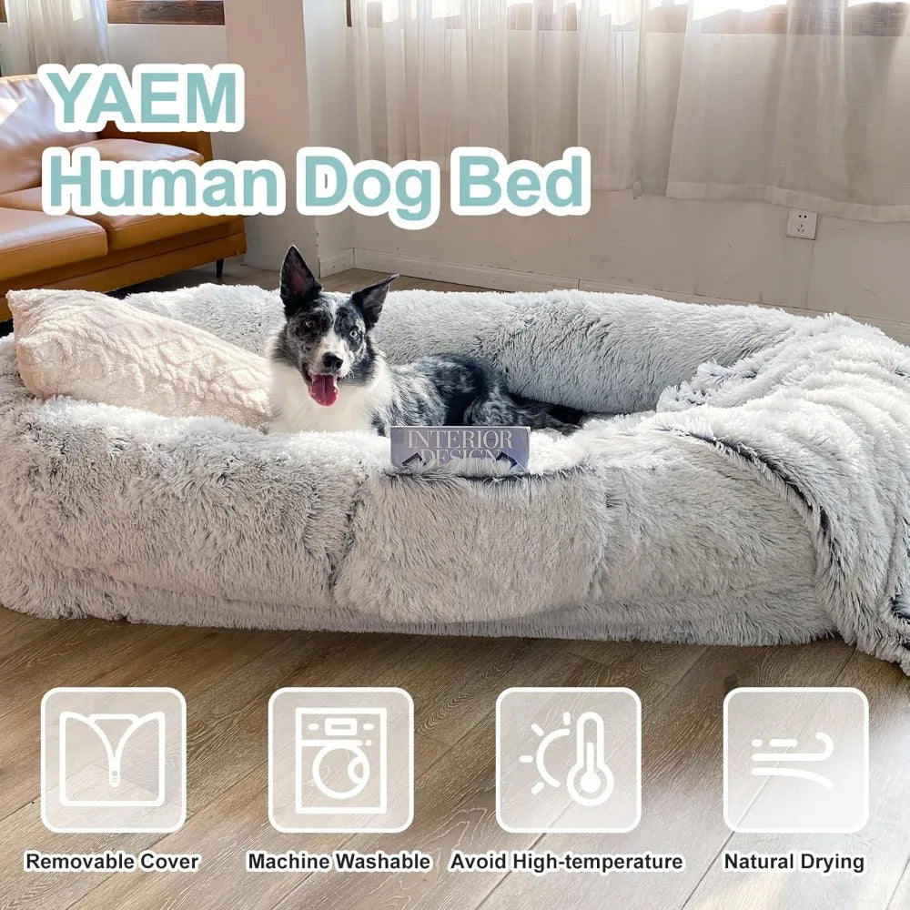 Human Dog Bed Fits You and Pets for People Doze Off, Washable Faux Fur Napping Orthopedic Dog Bed, Present Plump Pillow