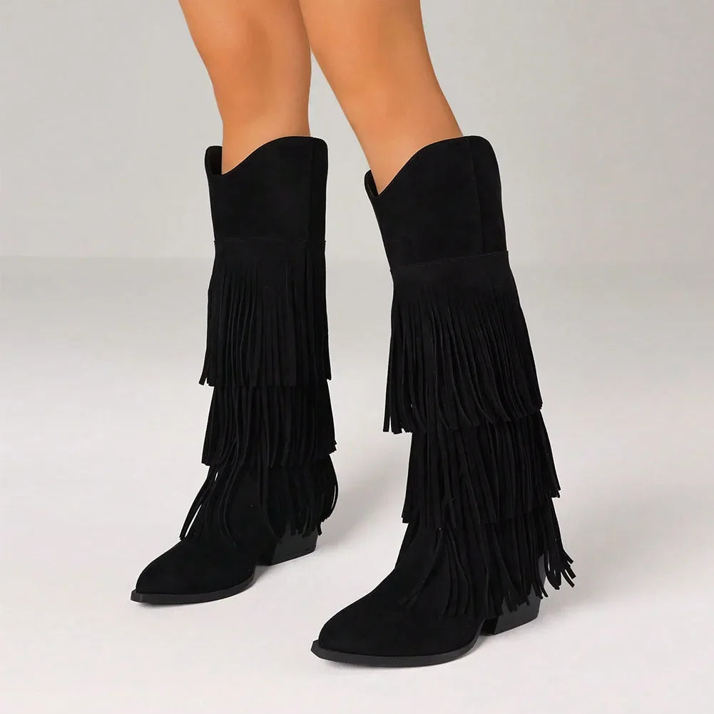 Women's Retro Fringe Knee High Cowboy Boots Fashion Pointed Toe Block Chunky High Heels Pull On Vintage Western Cowgirl Boots