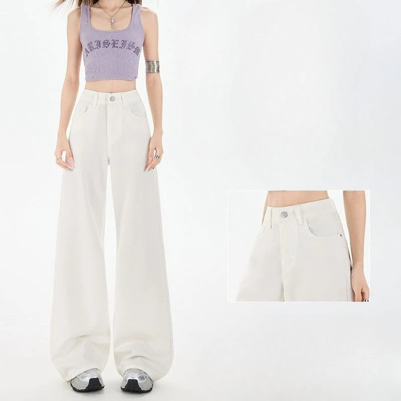Summer Women's Wide Leg Jeans Retro Patchwork Solid Baggy Straight Leg Denim Adjustable Waist High Quality