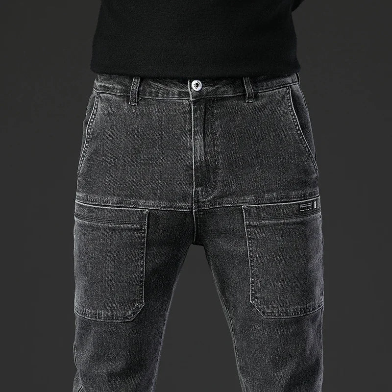 6 Pocket Design Denim Jeans Men's 2025 New High Elasticity Denim Casual Trousers Straight Male Pants Fashion Mid-waist Jeans