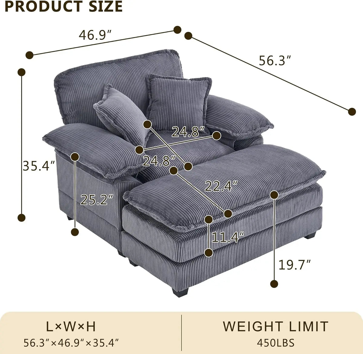 46.9' Oversized Corduroy Chaise Lounge Chair with Ottoman, Comfy Indoor Reading Chair for Living Room Bedroom (Green)