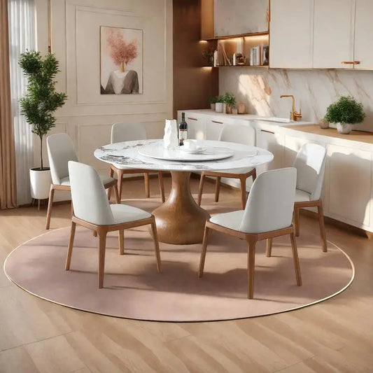 53" Round Sintered Stone Dining Table with Modern Marble Look, Compact Space, Includes Lazy Susan for 6 Chairs
