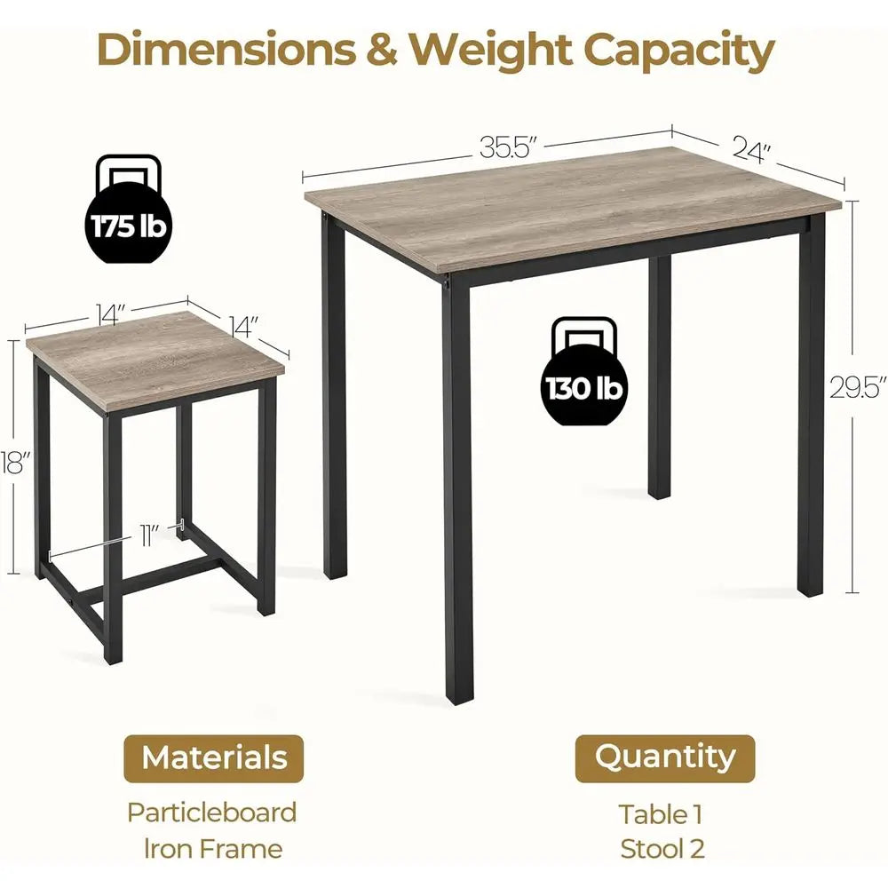 Compact 2-Person Dining Table Set with 2 Stools, Gray, Space-Saving Design for Kitchen, Dining Room, Living Room