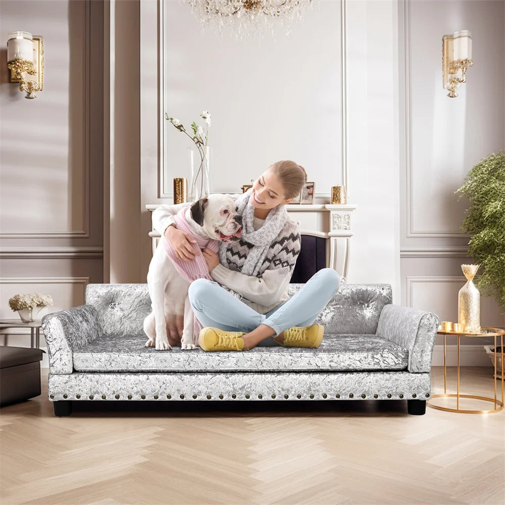 Luxury Velvet Tufted Dog Sofa Bed Large Elevated Pet Bed Upholstered Cushion Wooden Frame Sofa Couch