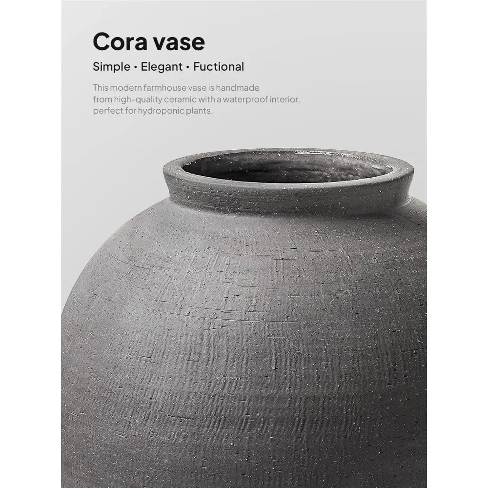 Large Round Black Ceramic Floor Vase, 12.5 Inch Tall, Ideal for Centerpieces and Rustic Minimalist Home Decor, Farmhouse Style A