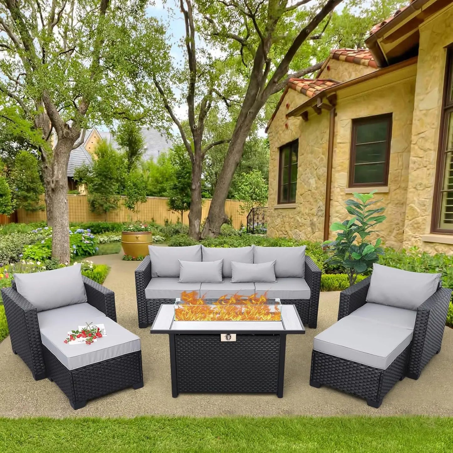 Patio Furniture Set 45 In Outdoor Fire Pits 6 Pieces Outdoor Patio Furniture 60000 BTU Outdoor Propane Fire Pit Table Patio Sofa