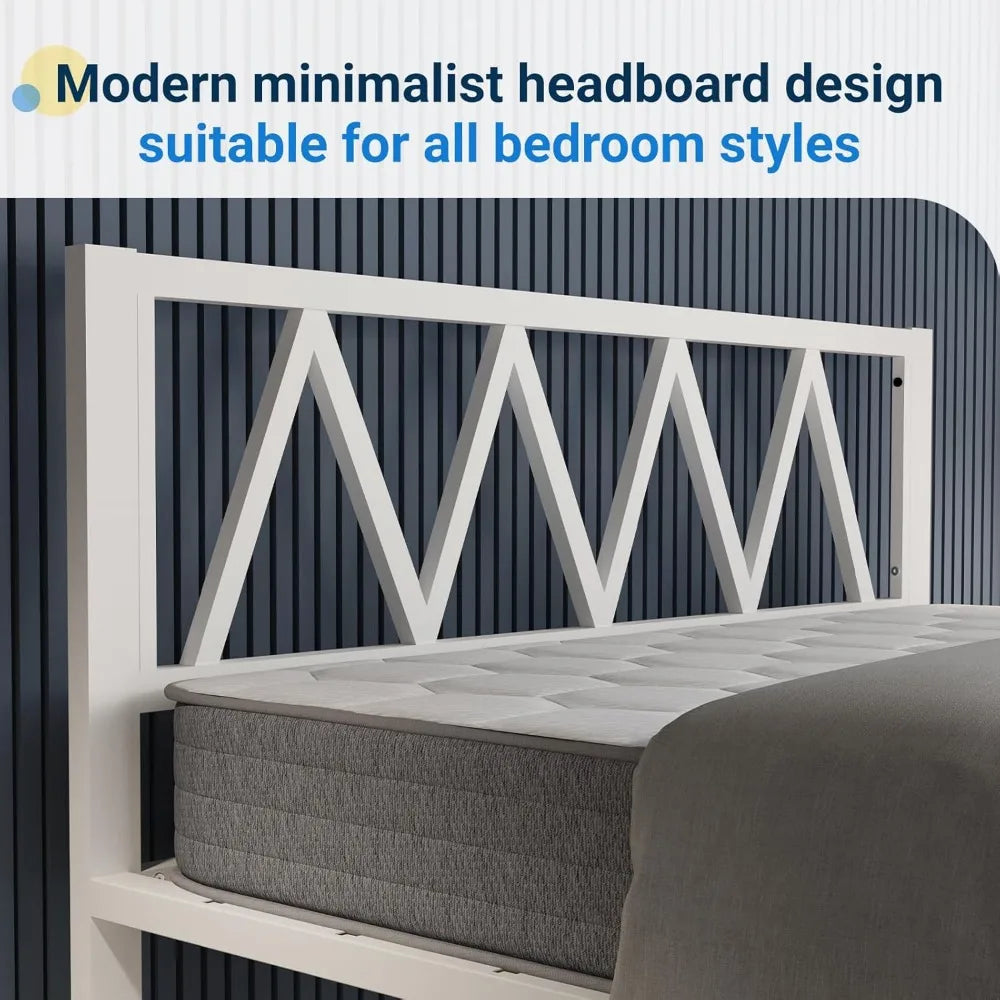 White Metal Full Size Bed Frame with Headboard, 18 Inch Platform Bed, No Box Spring Needed, Easy Assembly
