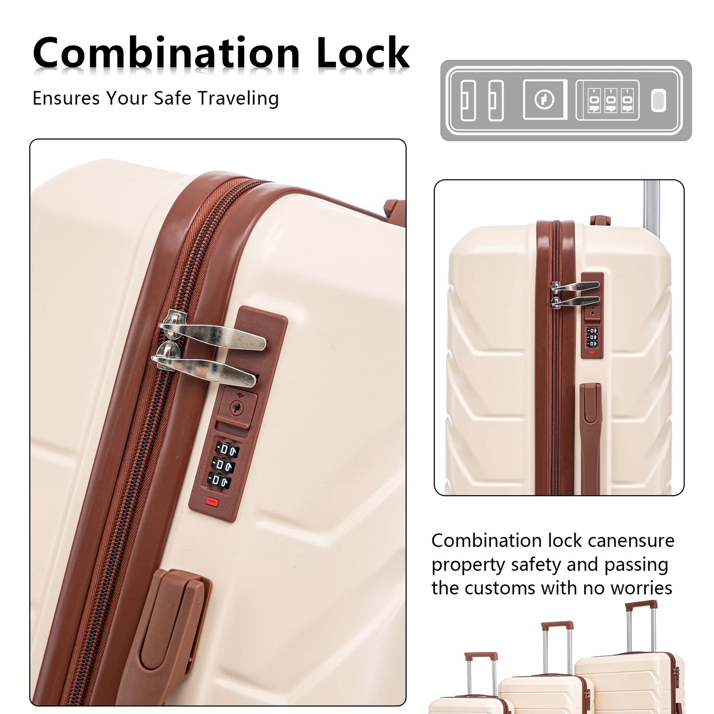3 in 1 ABS&PC Trolley Box 20in 24in 28in Trolley Box Iron Tie Rod ABSPC Alloy Beige  luggage travel bag suitcase set