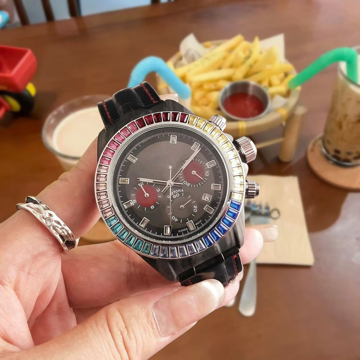 Luxury Mens Watch Genuine Stainless Steel Strap Alloy Case Three Eye Six Hands Chronograph Diamond Accent High Quality