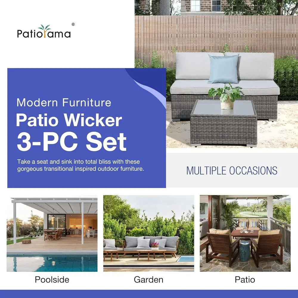 All-Weather Grey PE Wicker Outdoor Sectional Sofa Set with Light Grey Cushions for Patio, Balcony, and Garden