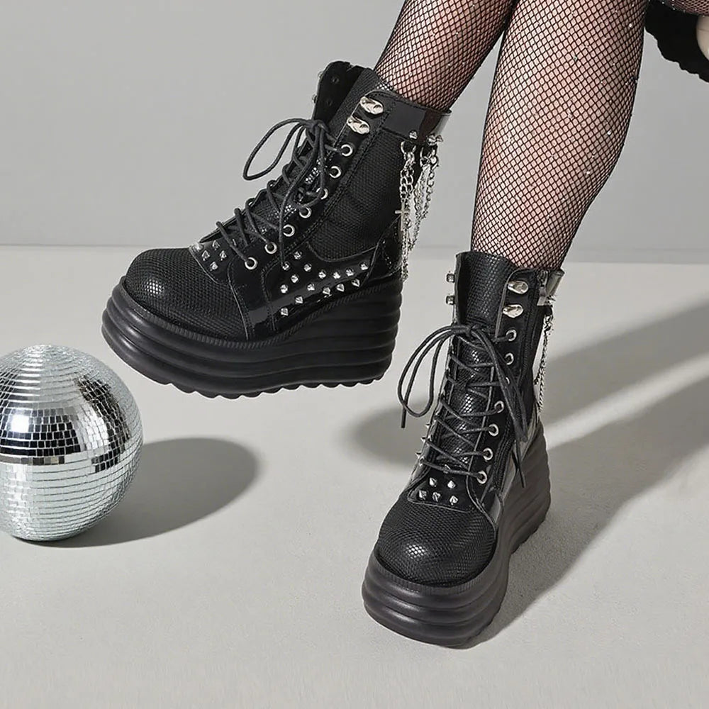 Gothic Y2k Women Ankle Boots Punk Wedges High Heels Platform Stacked Sole Metal Rivet Chain Decor Short Boots For Woman Autumn W