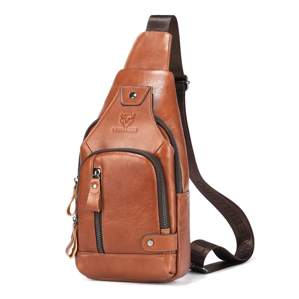 LEBULLBRO Sling Bag for Men Genuine Leather Chest Bag Crossbody Backpack Travel Hiking Outdoor Sports