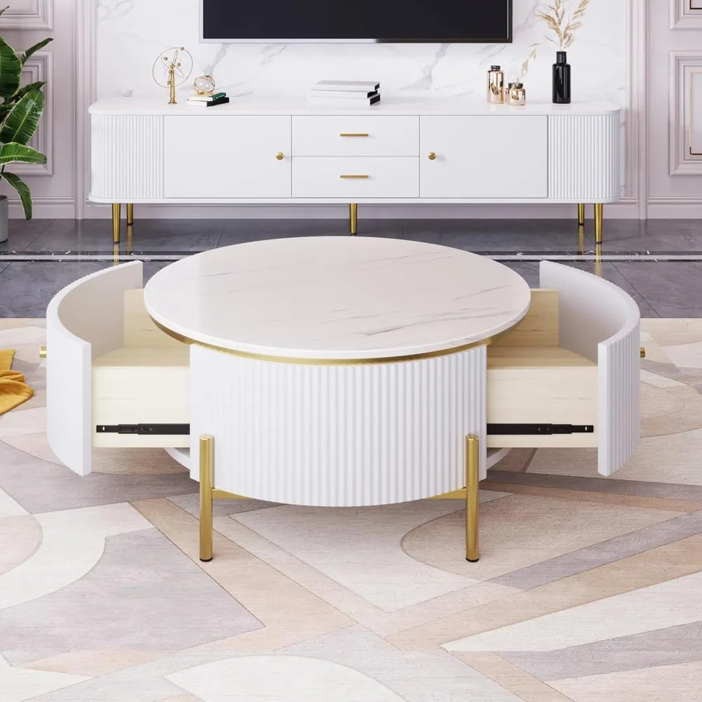 31.5" White Coffee Table with 2 Storage Drawers, Round Side Table, Circle Accent Table with Marble Pattern Tabletop, Modern