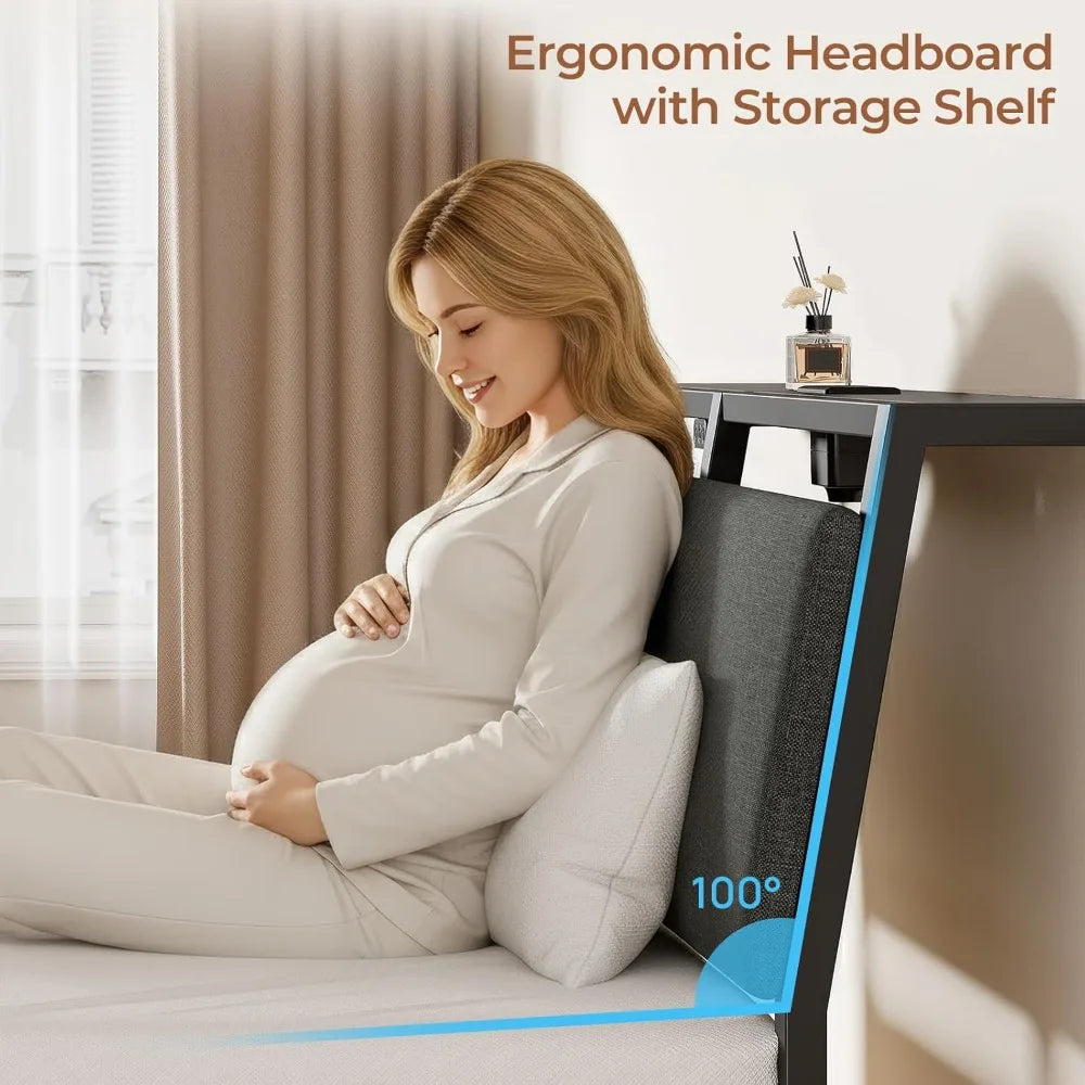 Upholstered Twin Size Bed Frame with Ergonomic Headboard Storage, LED Light, and Charging Station