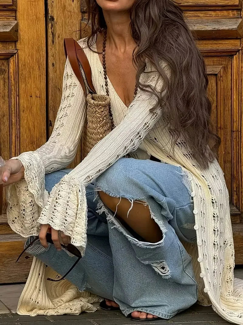Women's Elegant Long Sleeve Cardigan - V-Neck Collar Button Front Closure, Solid Beige Layered Sweater for Spring/Fall, Casual t