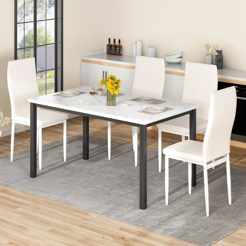 4-Piece Dining Set with Faux Marble Table and PU Leather Chairs for Small Spaces