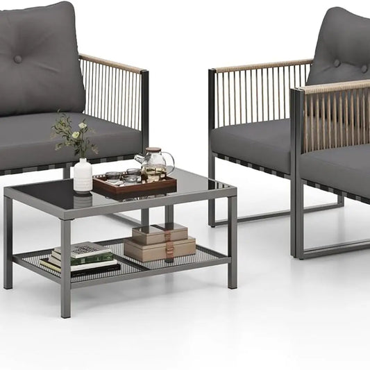 Grey Outdoor PE Rattan Sofa Set with Cushions and 2-Tier Glass Table for Patio, Garden, Balcony