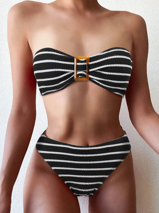Striped Textured Bandeau Bikinis 2025 Women Sexy Swimsuit Push Up Swimwear Female Bathing Suit Swimming Summer Beachwear
